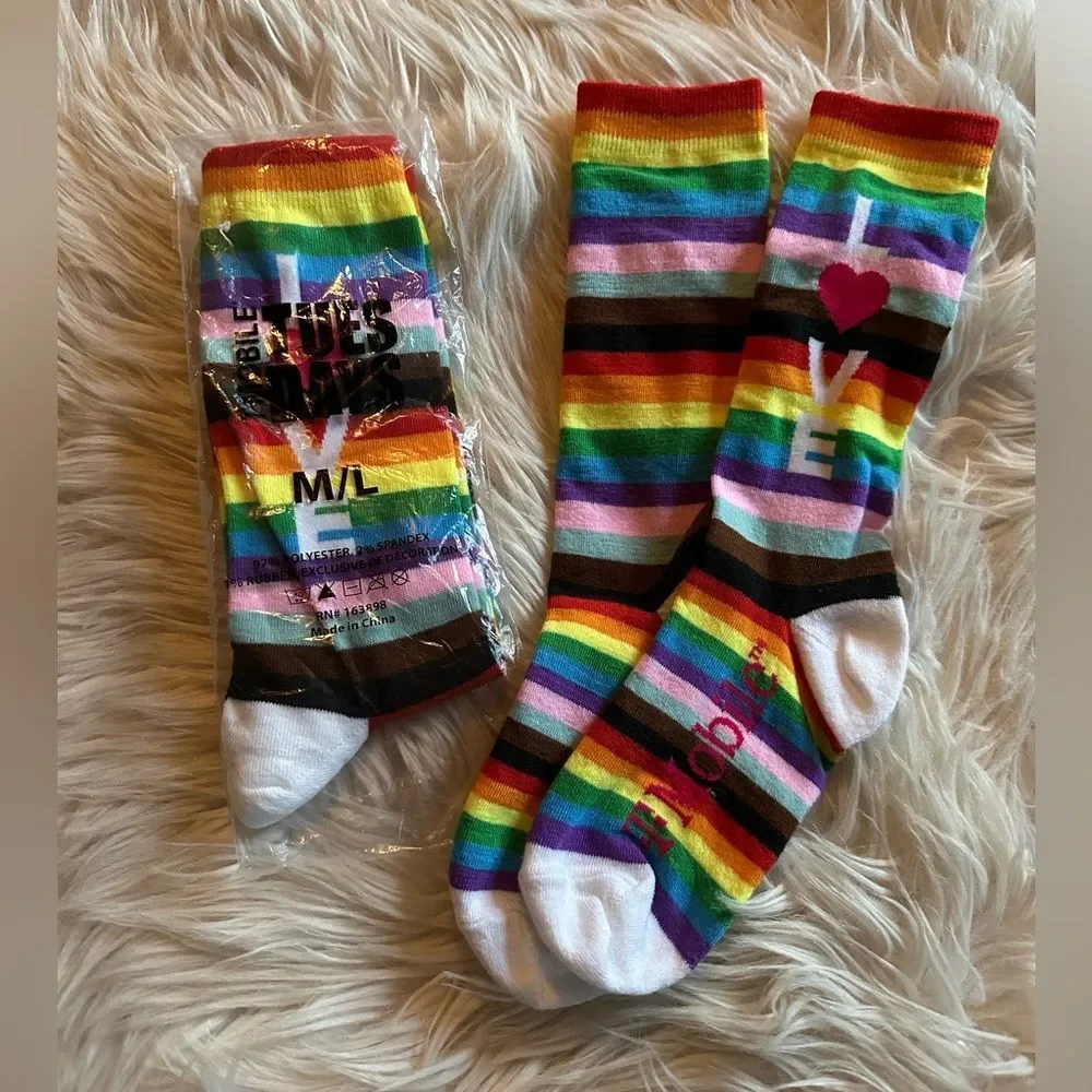 Pride Love Rainbow Unisex High Rise Crew Socks Multi-Colored Sz M/L (two pair)